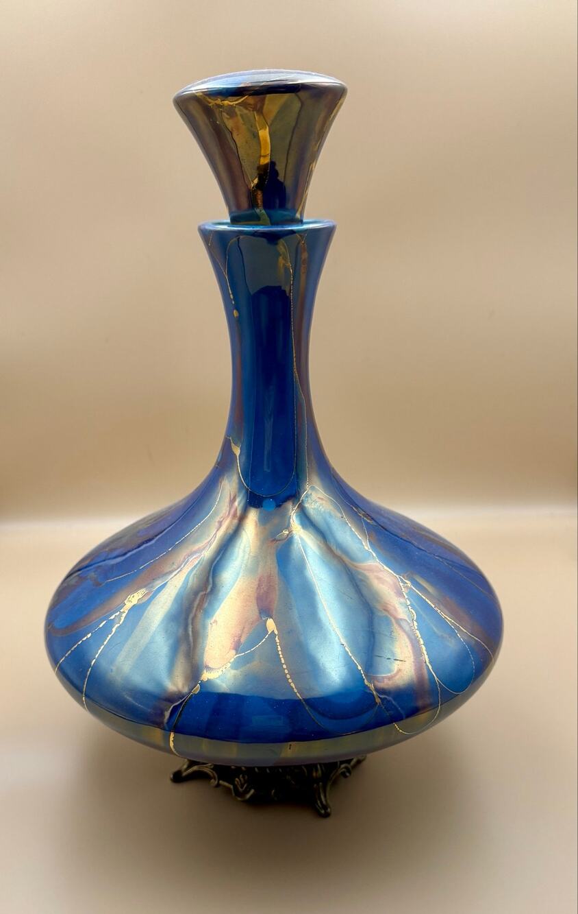 Vintage Blue Iridescent Art Glass Lamp Base w/ Original Stopper & Metal Foot